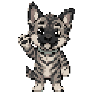 Pixel-art hound mascot waving hello, holding a fountain pen.